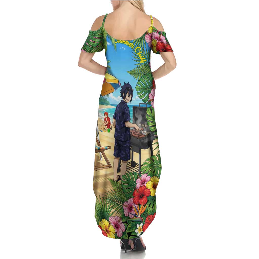 Tamaki Amajiki Summer Chill Family Matching Summer Maxi Dress and Hawaiian Shirt Tropical Anime Beach Scene