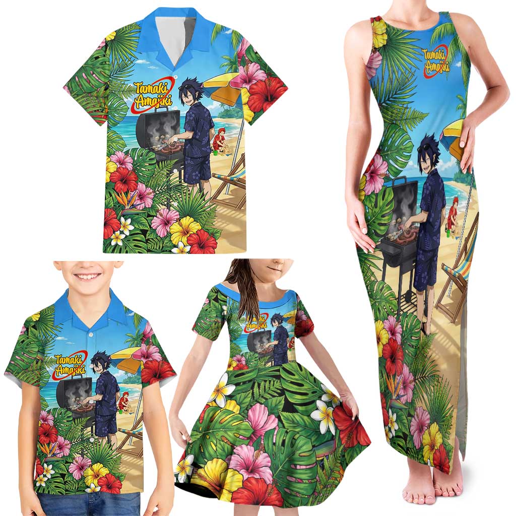 Tamaki Amajiki Summer Chill Family Matching Tank Maxi Dress and Hawaiian Shirt Tropical Anime Beach Scene