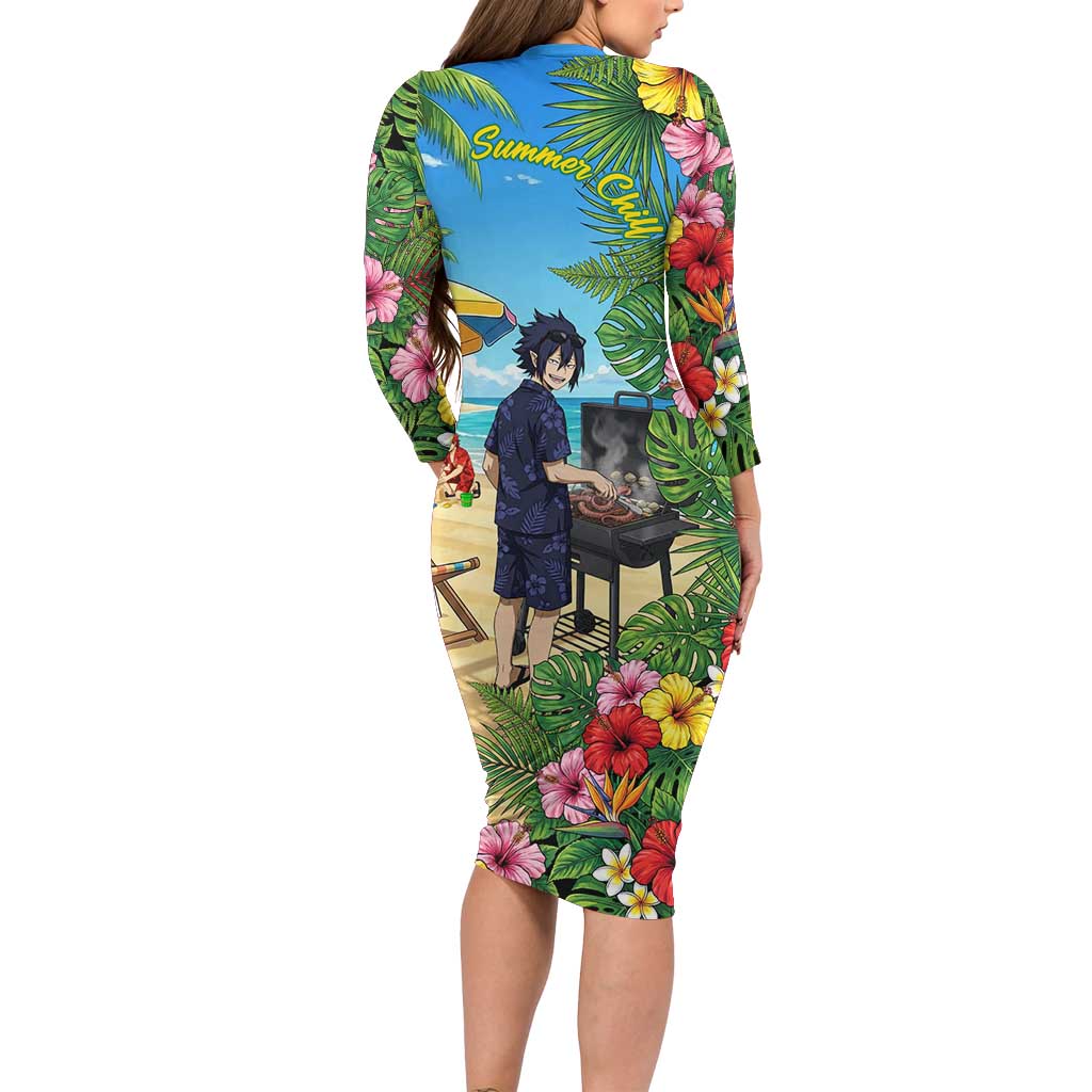 Tamaki Amajiki Summer Chill Long Sleeve Bodycon Dress Tropical Anime Beach Scene
