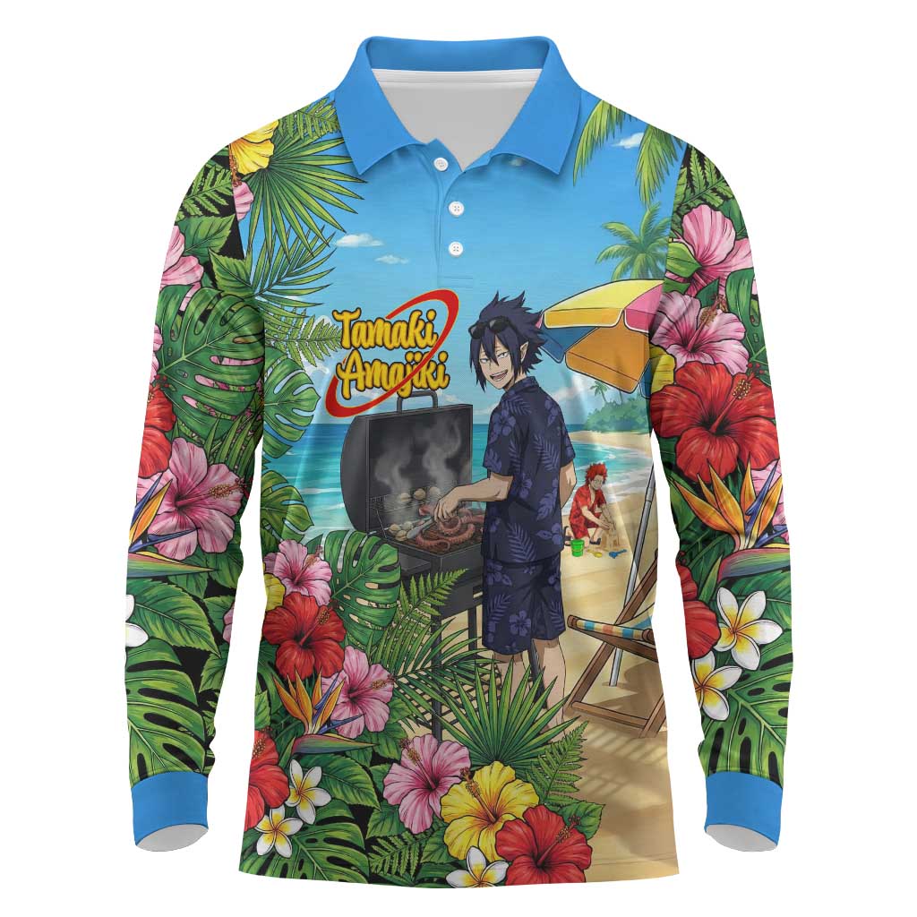 Tamaki Amajiki Summer Chill Long Sleeve Polo Shirt Tropical Anime Beach Scene
