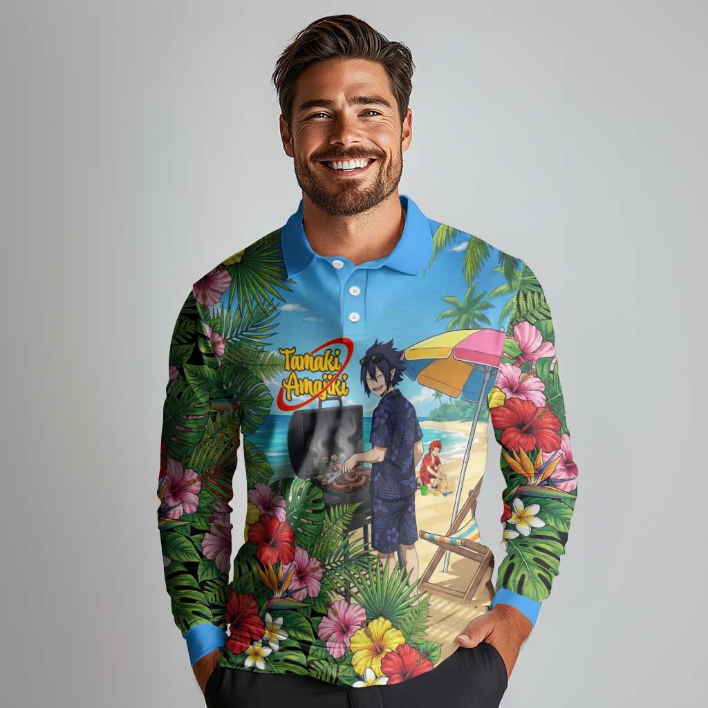 Tamaki Amajiki Summer Chill Long Sleeve Polo Shirt Tropical Anime Beach Scene