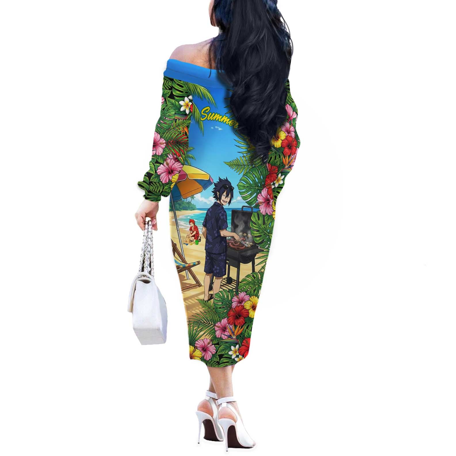 Tamaki Amajiki Summer Chill Off The Shoulder Long Sleeve Dress Tropical Anime Beach Scene