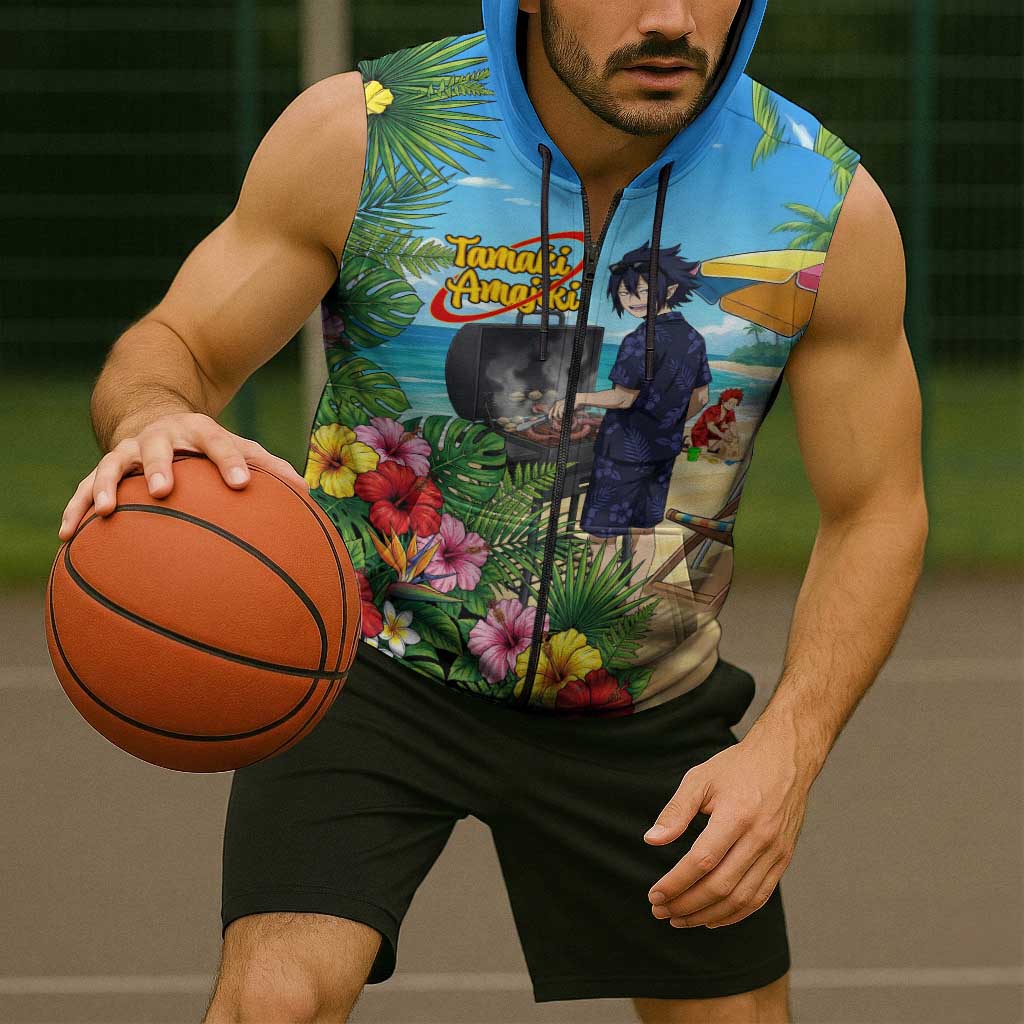 Tamaki Amajiki Summer Chill Sleeveless Zip Hoodie Tropical Anime Beach Scene
