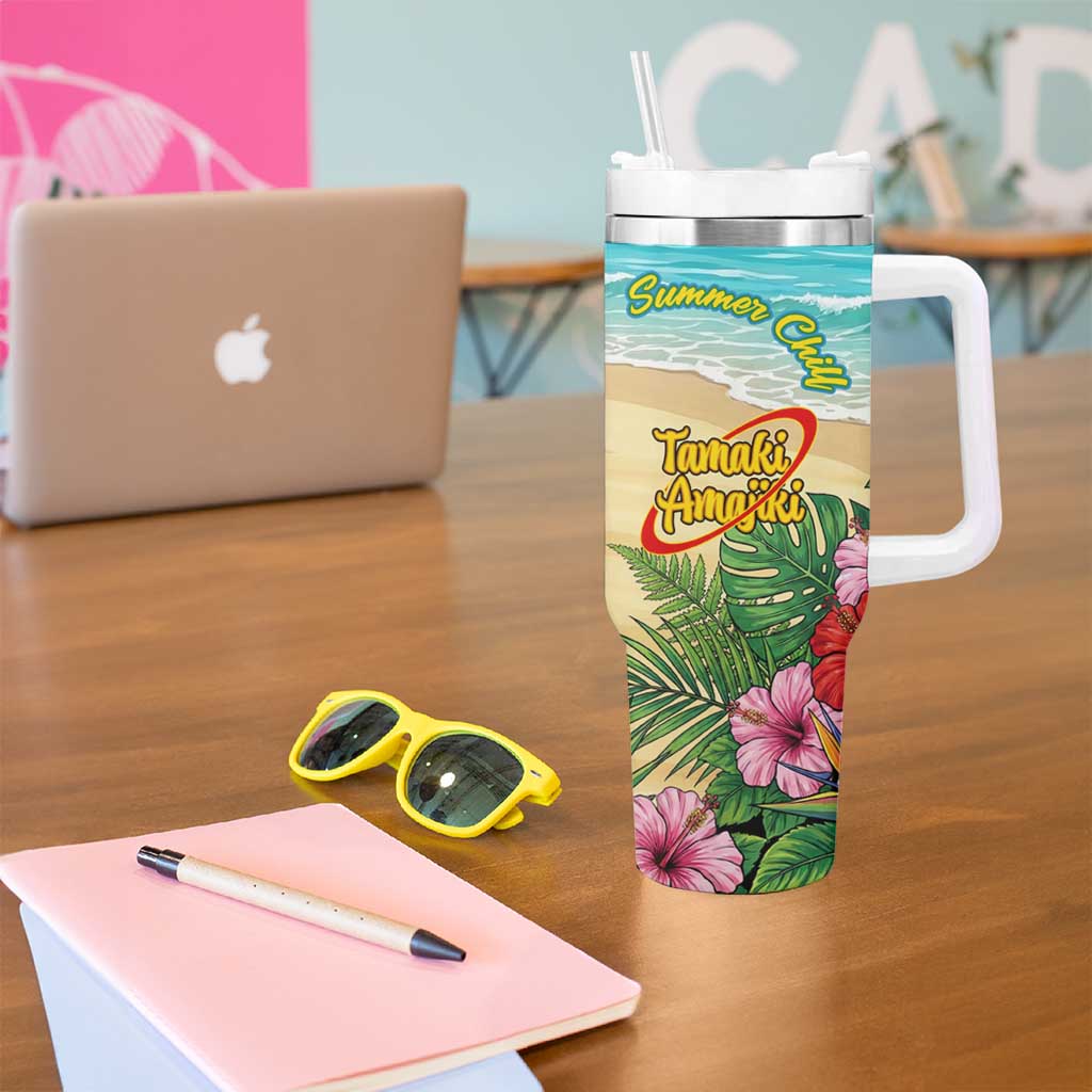 Tamaki Amajiki Summer Chill Tumbler With Handle Tropical Anime Beach Scene