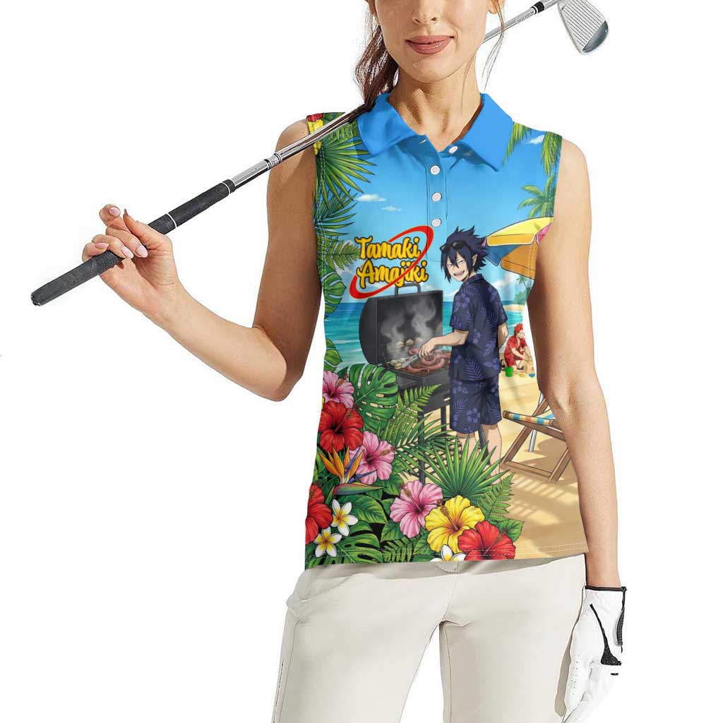 Tamaki Amajiki Summer Chill Women Sleeveless Polo Shirt Tropical Anime Beach Scene
