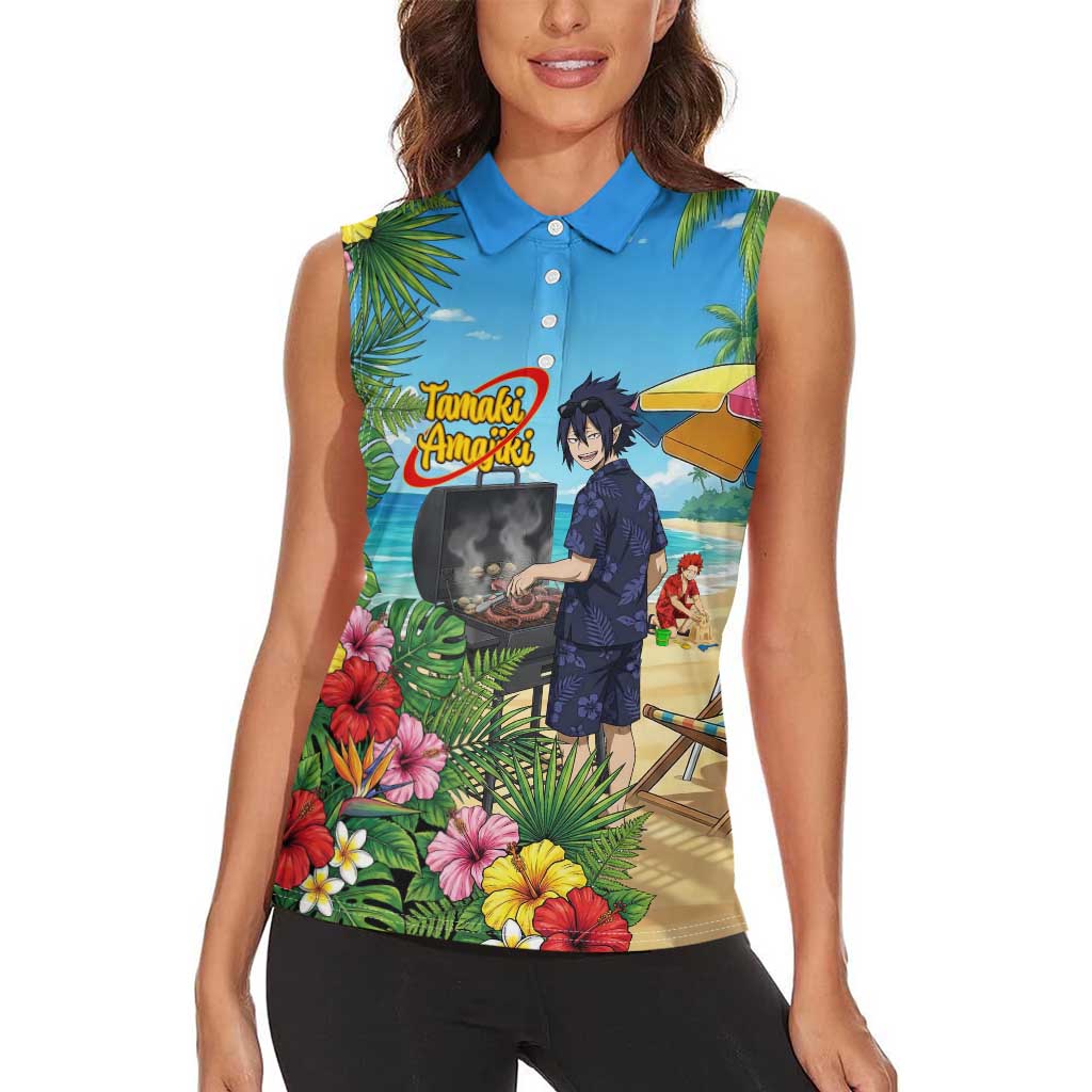 Tamaki Amajiki Summer Chill Women Sleeveless Polo Shirt Tropical Anime Beach Scene
