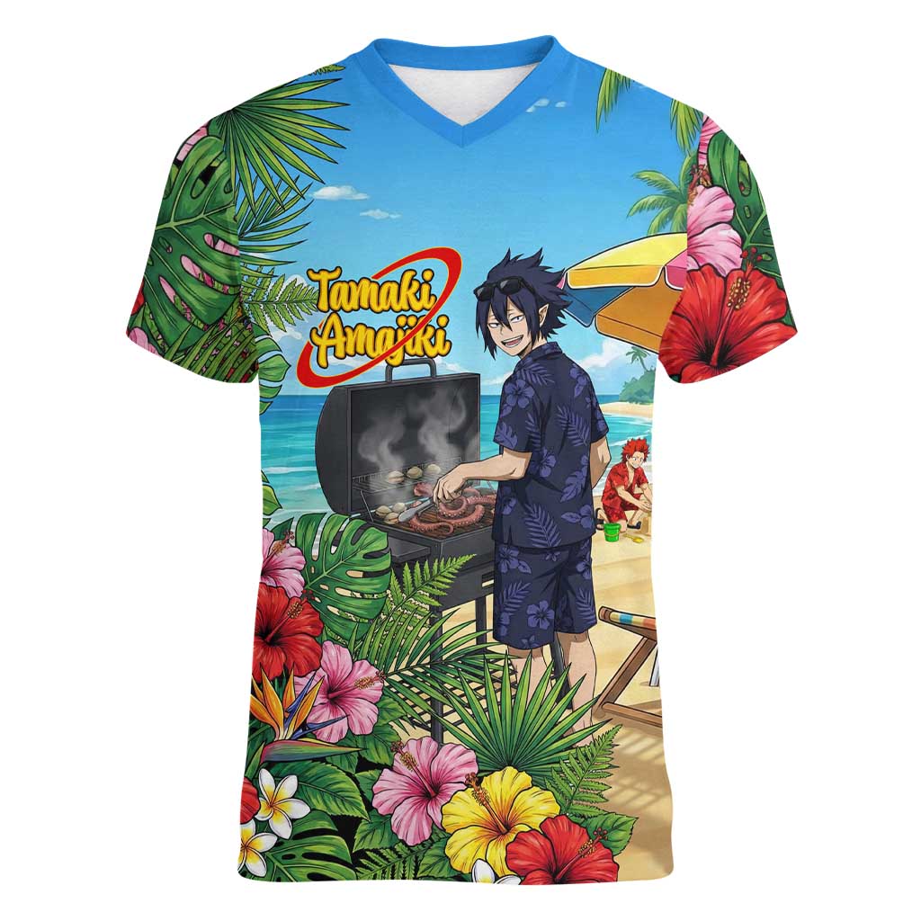 Tamaki Amajiki Summer Chill Women V-Neck T-Shirt Tropical Anime Beach Scene