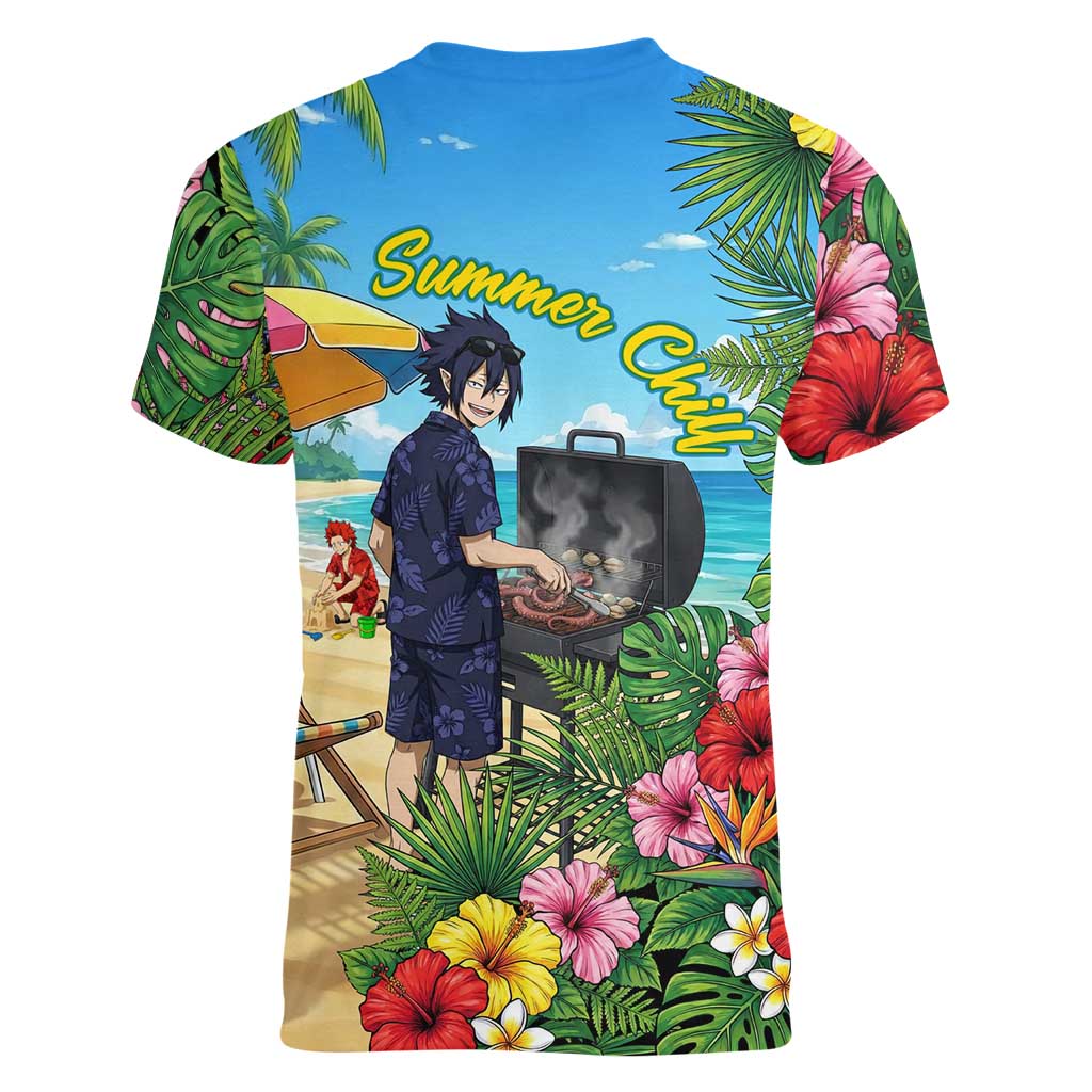 Tamaki Amajiki Summer Chill Women V-Neck T-Shirt Tropical Anime Beach Scene