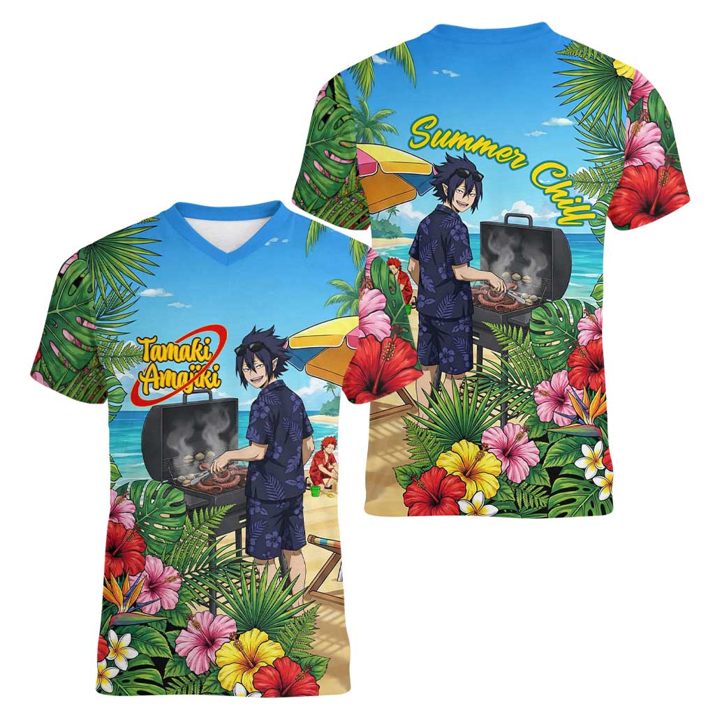Tamaki Amajiki Summer Chill Women V-Neck T-Shirt Tropical Anime Beach Scene