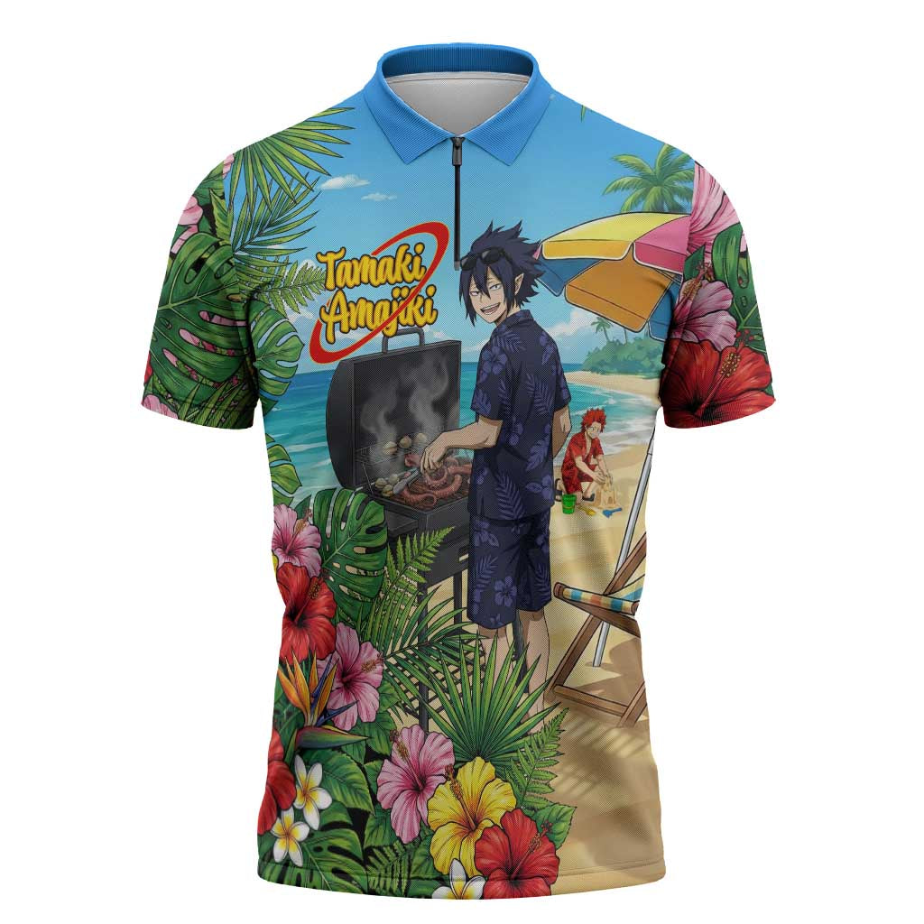 Tamaki Amajiki Summer Chill Zipper Polo Shirt Tropical Anime Beach Scene