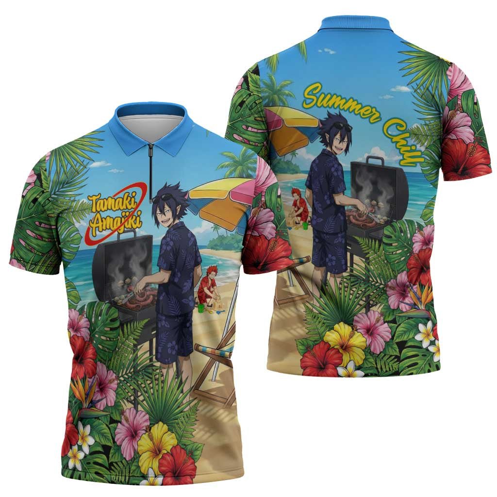 Tamaki Amajiki Summer Chill Zipper Polo Shirt Tropical Anime Beach Scene