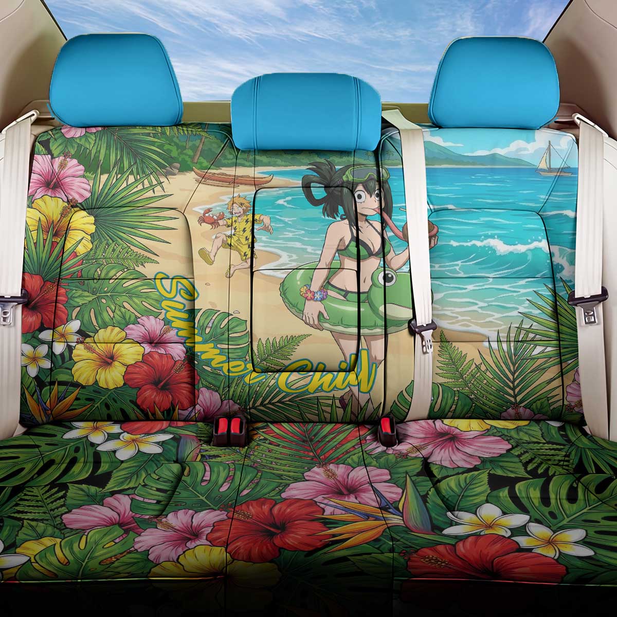Tsuyu Asui Summer Chill Back Car Seat Cover Tropical Anime Vacation Art