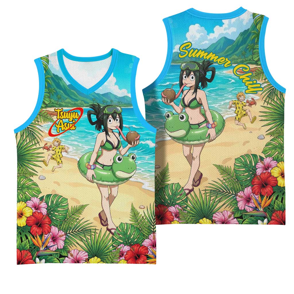 Tsuyu Asui Summer Chill Basketball Jersey Tropical Anime Vacation Art