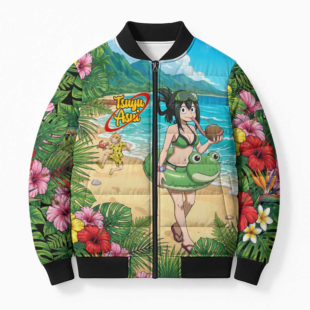 Tsuyu Asui Summer Chill Bomber Puffer Jacket Tropical Anime Vacation Art
