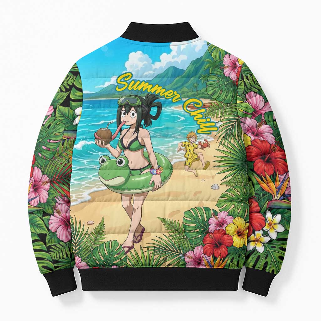 Tsuyu Asui Summer Chill Bomber Puffer Jacket Tropical Anime Vacation Art