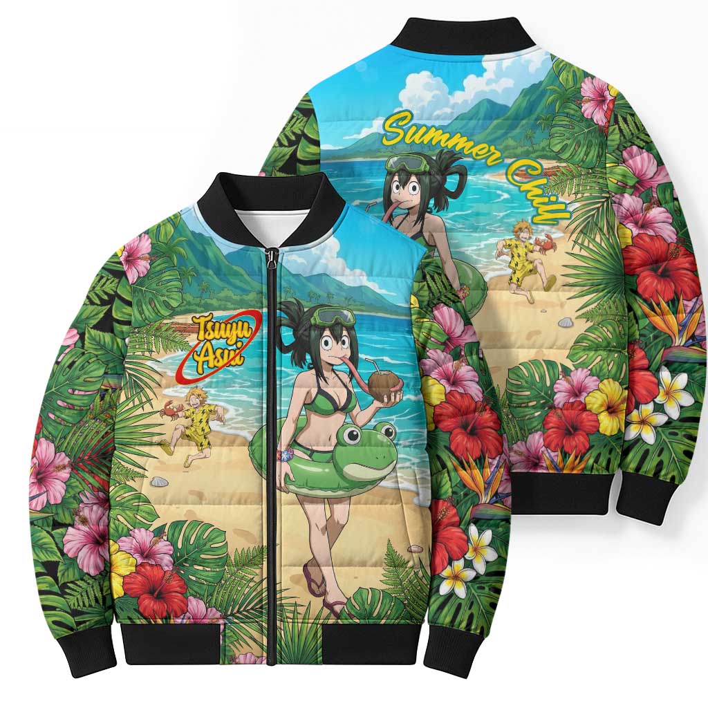 Tsuyu Asui Summer Chill Bomber Puffer Jacket Tropical Anime Vacation Art