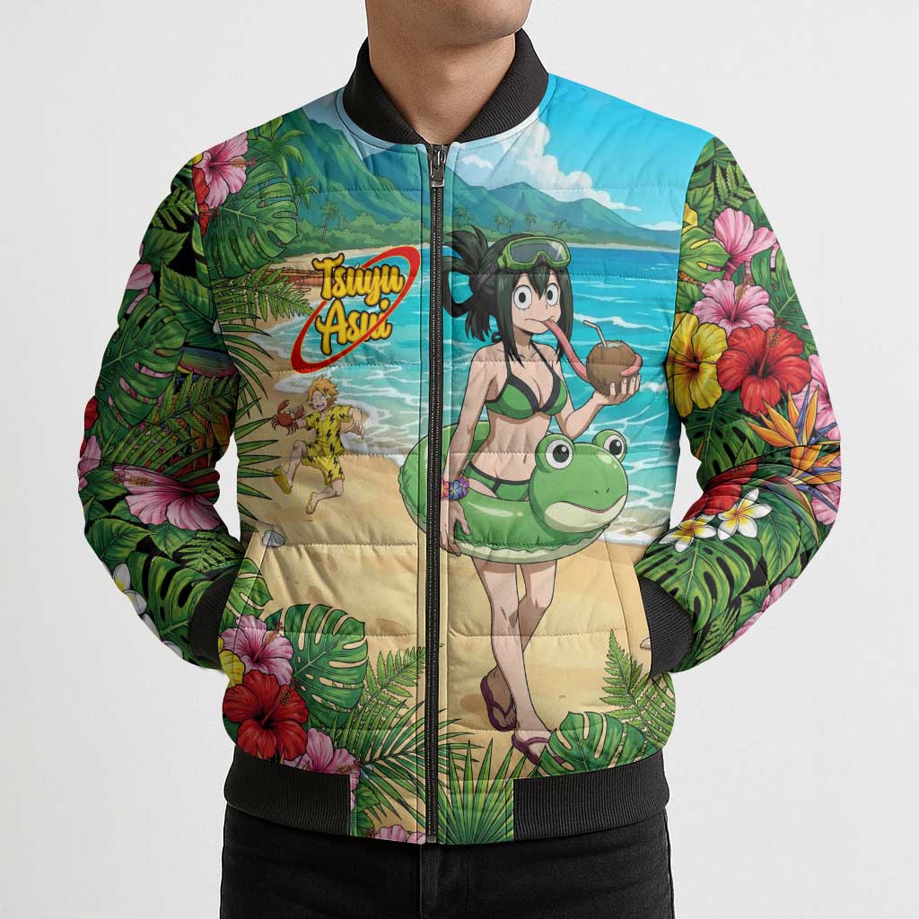 Tsuyu Asui Summer Chill Bomber Puffer Jacket Tropical Anime Vacation Art