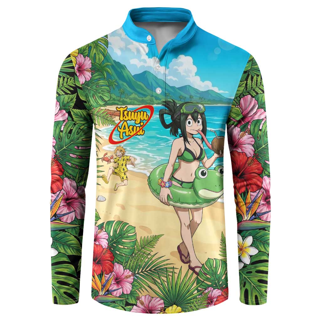 Tsuyu Asui Summer Chill Button Sweatshirt Tropical Anime Vacation Art