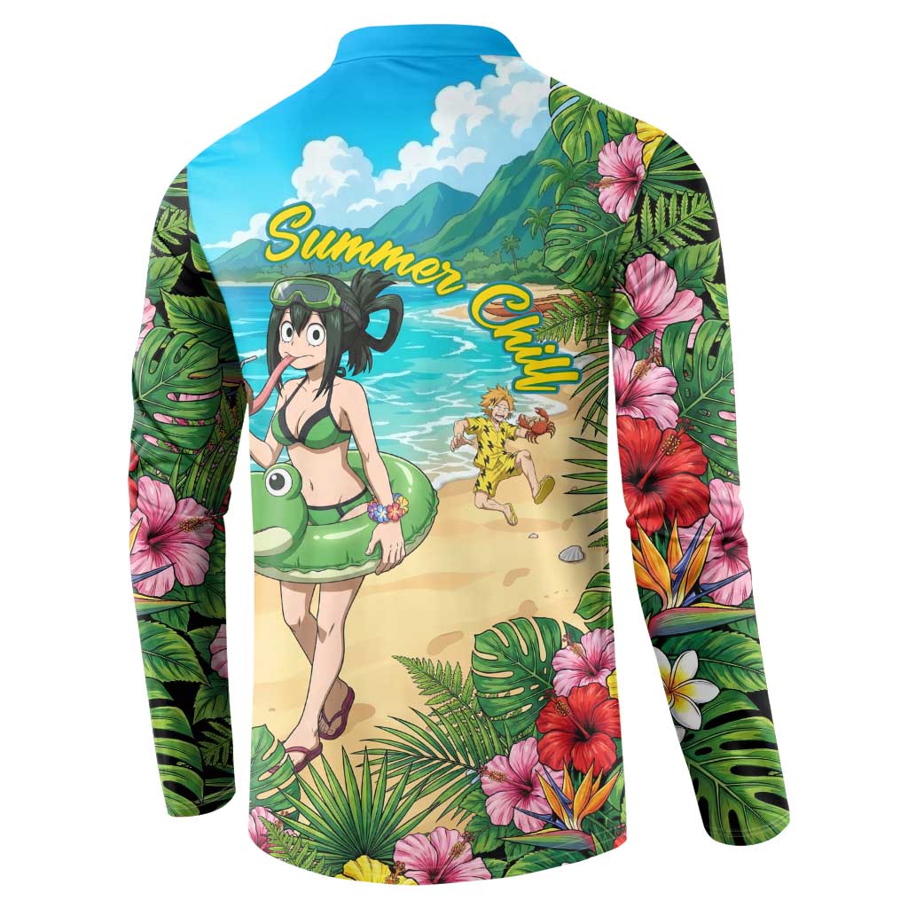Tsuyu Asui Summer Chill Button Sweatshirt Tropical Anime Vacation Art