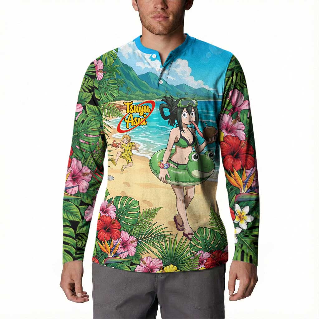 Tsuyu Asui Summer Chill Button Sweatshirt Tropical Anime Vacation Art