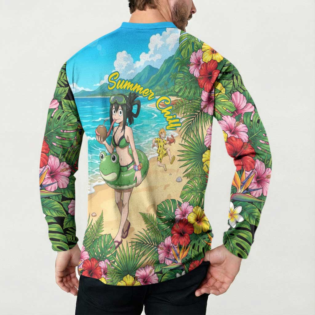 Tsuyu Asui Summer Chill Button Sweatshirt Tropical Anime Vacation Art