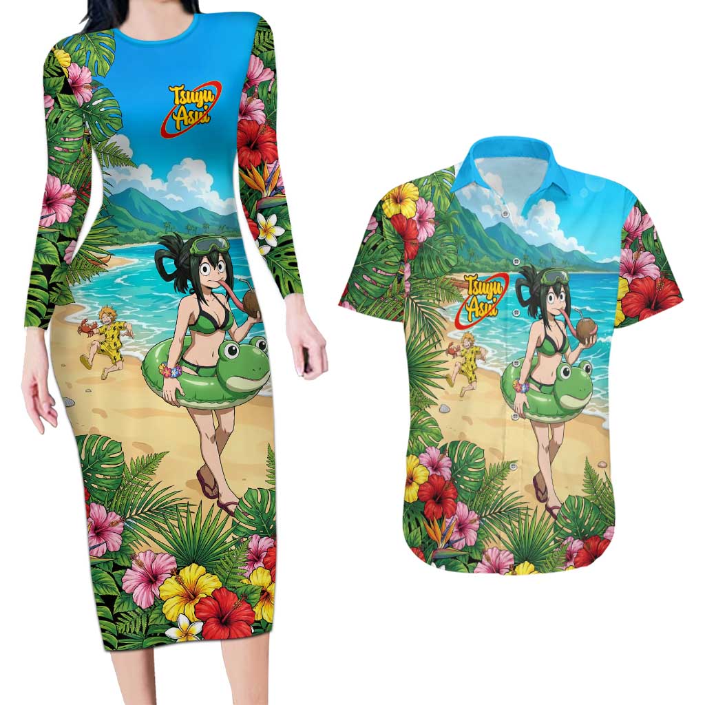 Tsuyu Asui Summer Chill Couples Matching Long Sleeve Bodycon Dress and Hawaiian Shirt Tropical Anime Vacation Art
