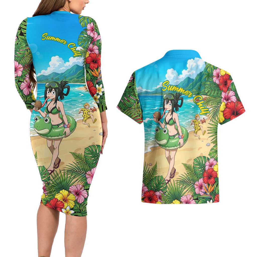 Tsuyu Asui Summer Chill Couples Matching Long Sleeve Bodycon Dress and Hawaiian Shirt Tropical Anime Vacation Art