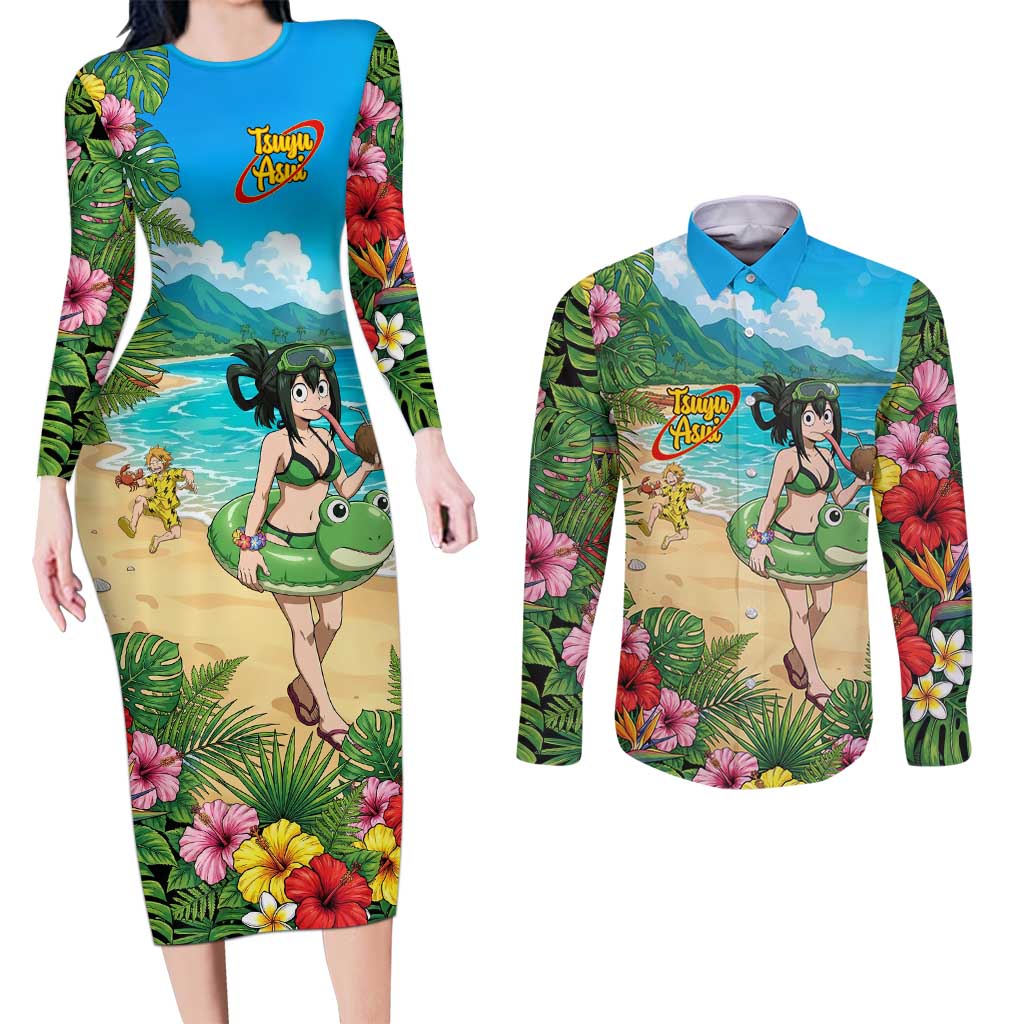 Tsuyu Asui Summer Chill Couples Matching Long Sleeve Bodycon Dress and Long Sleeve Button Shirt Tropical Anime Vacation Art