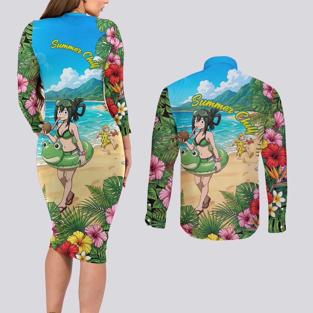 Tsuyu Asui Summer Chill Couples Matching Long Sleeve Bodycon Dress and Long Sleeve Button Shirt Tropical Anime Vacation Art