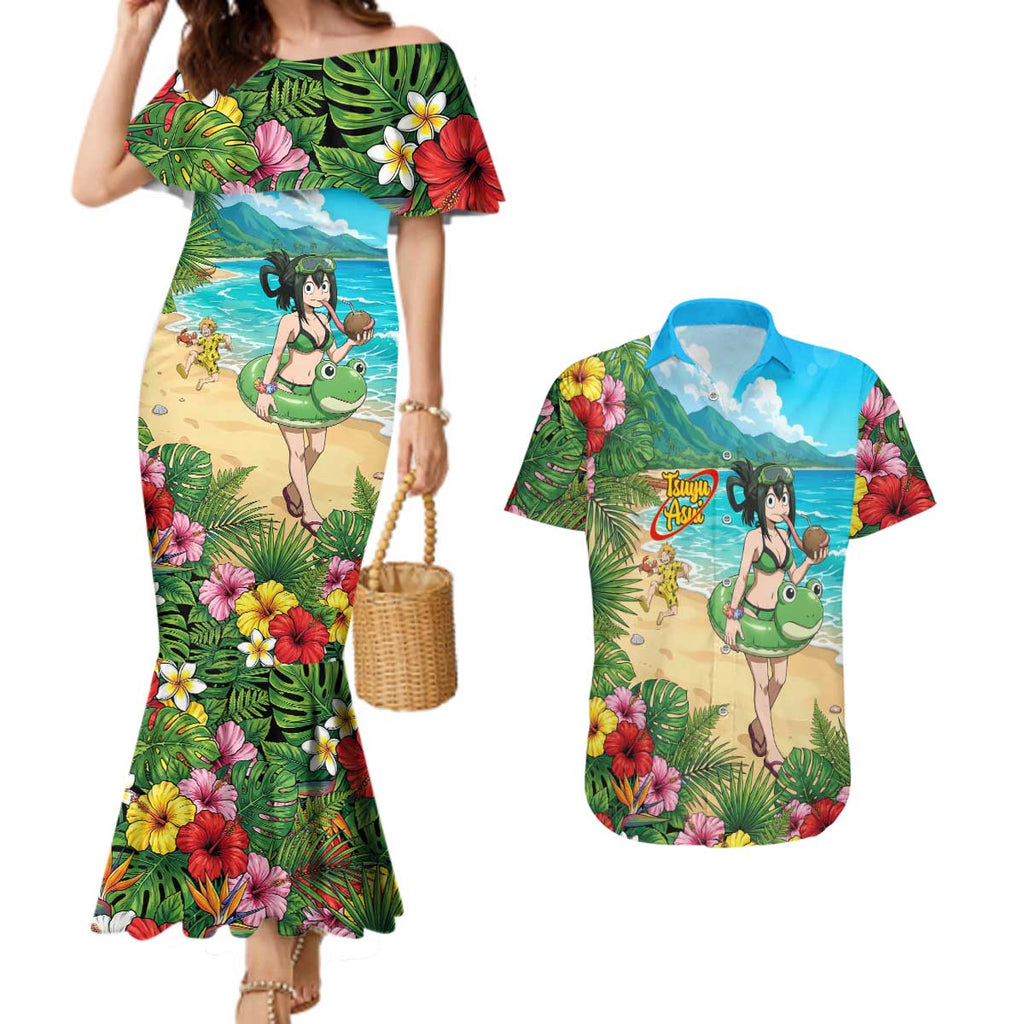 Tsuyu Asui Summer Chill Couples Matching Mermaid Dress and Hawaiian Shirt Tropical Anime Vacation Art