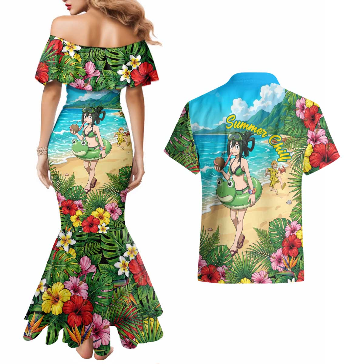 Tsuyu Asui Summer Chill Couples Matching Mermaid Dress and Hawaiian Shirt Tropical Anime Vacation Art