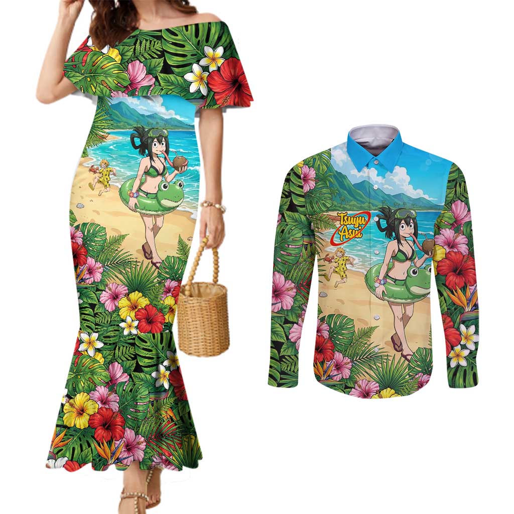 Tsuyu Asui Summer Chill Couples Matching Mermaid Dress and Long Sleeve Button Shirt Tropical Anime Vacation Art