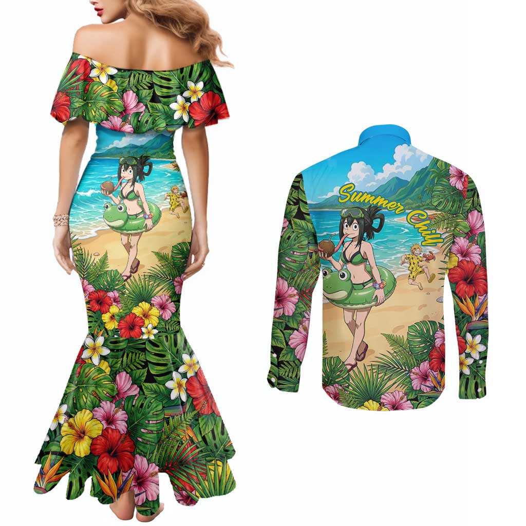 Tsuyu Asui Summer Chill Couples Matching Mermaid Dress and Long Sleeve Button Shirt Tropical Anime Vacation Art
