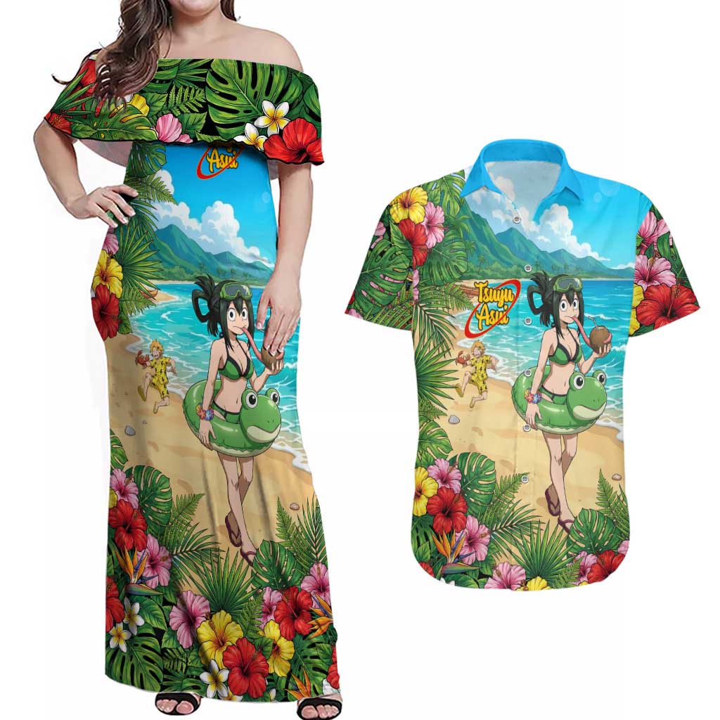 Tsuyu Asui Summer Chill Couples Matching Off Shoulder Maxi Dress and Hawaiian Shirt Tropical Anime Vacation Art
