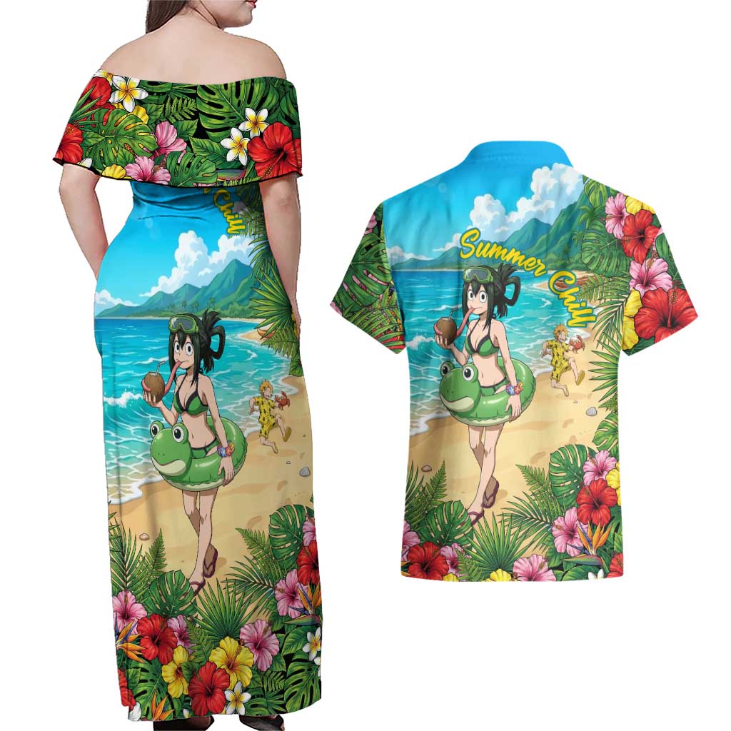 Tsuyu Asui Summer Chill Couples Matching Off Shoulder Maxi Dress and Hawaiian Shirt Tropical Anime Vacation Art