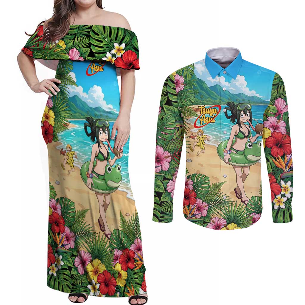Tsuyu Asui Summer Chill Couples Matching Off Shoulder Maxi Dress and Long Sleeve Button Shirt Tropical Anime Vacation Art