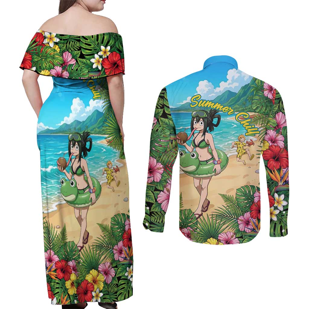 Tsuyu Asui Summer Chill Couples Matching Off Shoulder Maxi Dress and Long Sleeve Button Shirt Tropical Anime Vacation Art