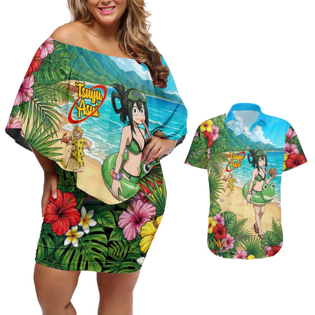 Tsuyu Asui Summer Chill Couples Matching Off Shoulder Short Dress and Hawaiian Shirt Tropical Anime Vacation Art