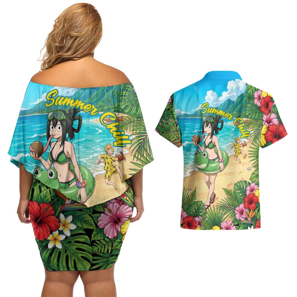 Tsuyu Asui Summer Chill Couples Matching Off Shoulder Short Dress and Hawaiian Shirt Tropical Anime Vacation Art