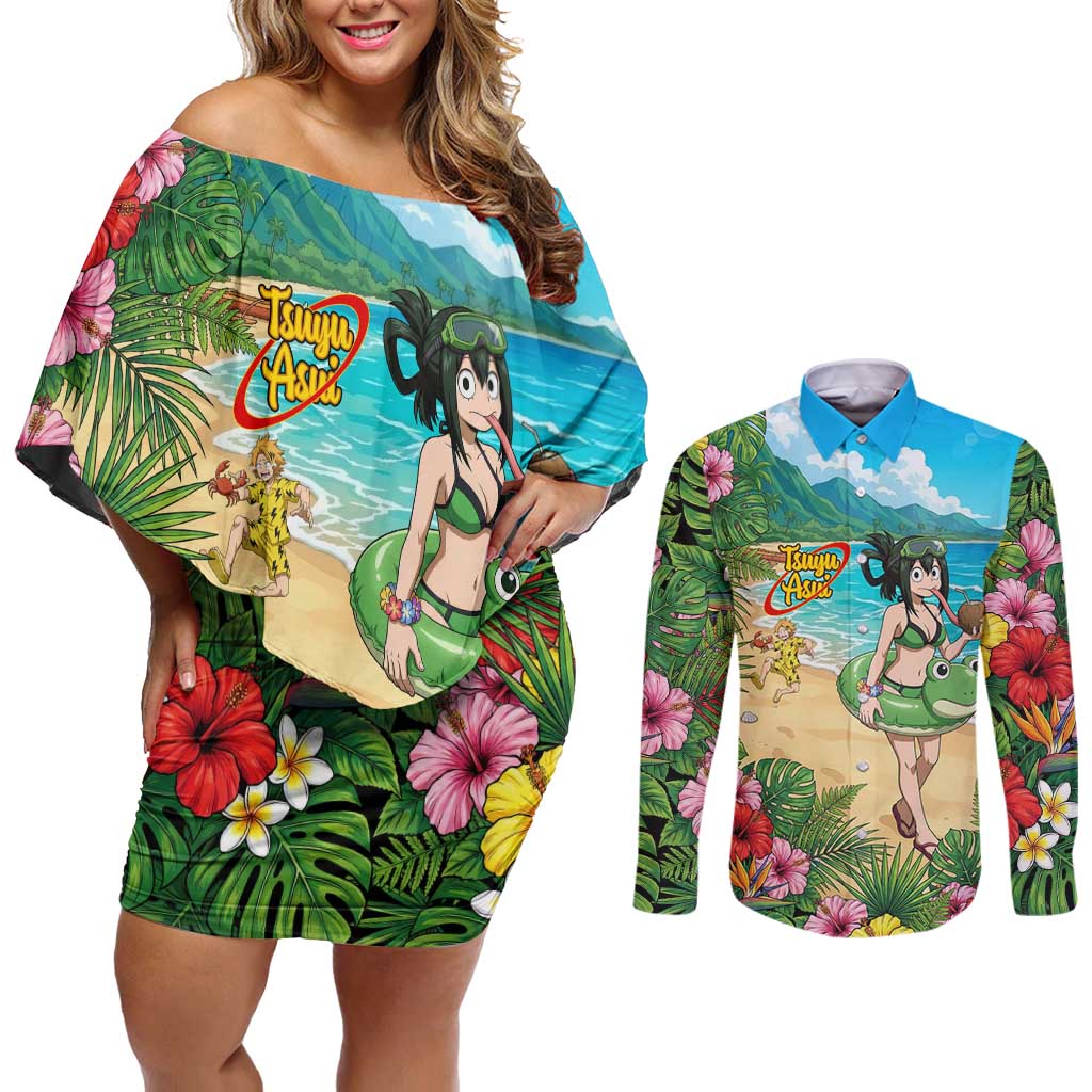 Tsuyu Asui Summer Chill Couples Matching Off Shoulder Short Dress and Long Sleeve Button Shirt Tropical Anime Vacation Art