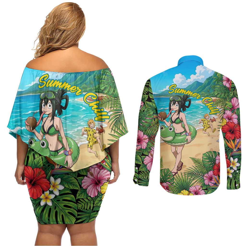 Tsuyu Asui Summer Chill Couples Matching Off Shoulder Short Dress and Long Sleeve Button Shirt Tropical Anime Vacation Art