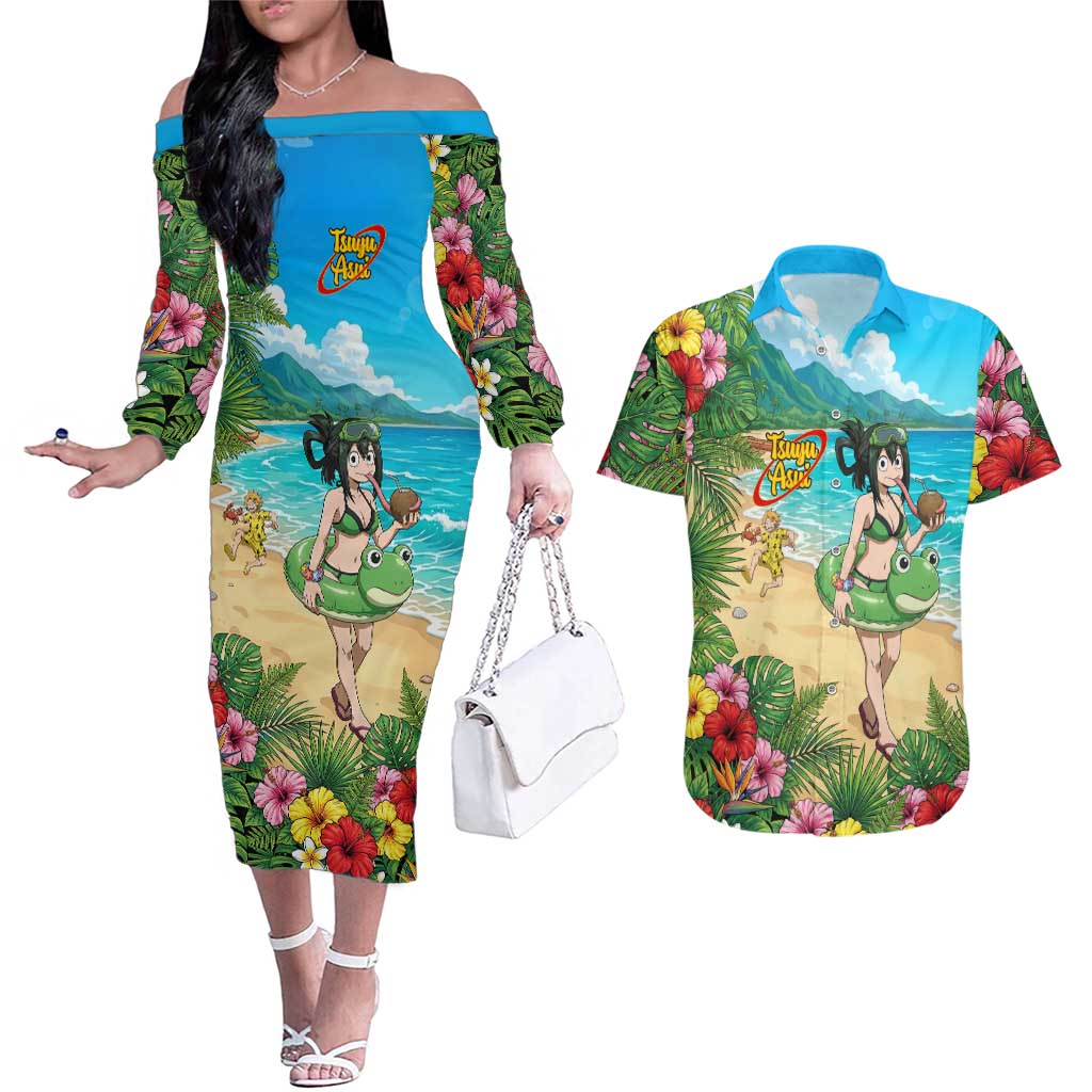 Tsuyu Asui Summer Chill Couples Matching Off The Shoulder Long Sleeve Dress and Hawaiian Shirt Tropical Anime Vacation Art
