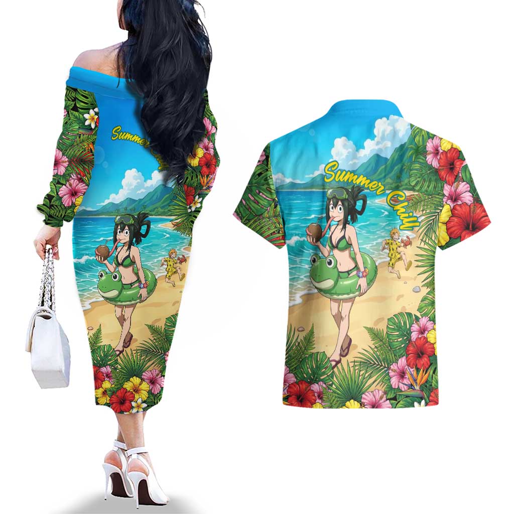 Tsuyu Asui Summer Chill Couples Matching Off The Shoulder Long Sleeve Dress and Hawaiian Shirt Tropical Anime Vacation Art
