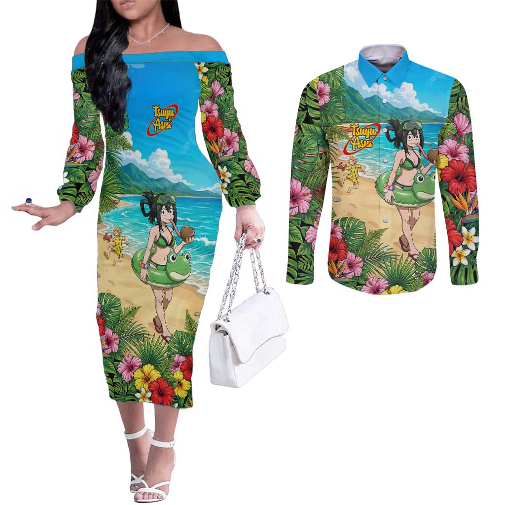 Tsuyu Asui Summer Chill Couples Matching Off The Shoulder Long Sleeve Dress and Long Sleeve Button Shirt Tropical Anime Vacation Art