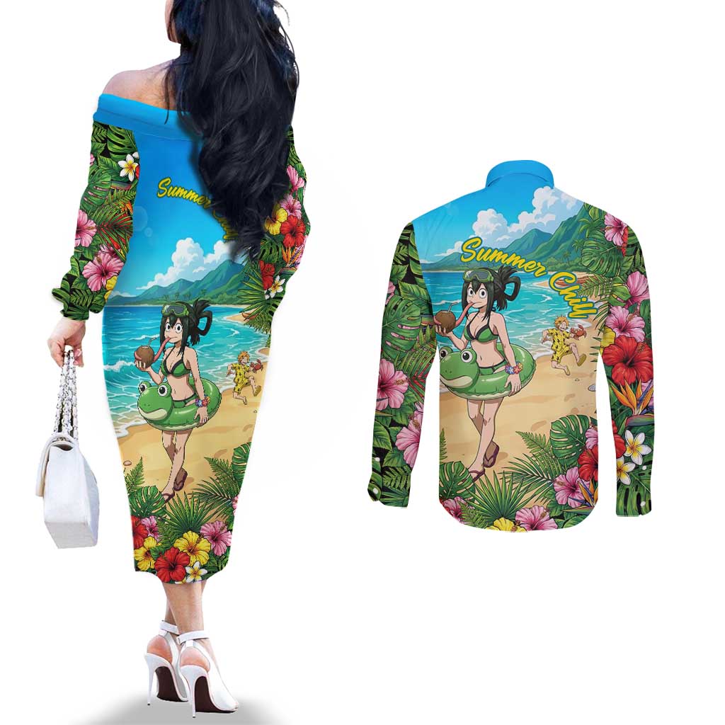 Tsuyu Asui Summer Chill Couples Matching Off The Shoulder Long Sleeve Dress and Long Sleeve Button Shirt Tropical Anime Vacation Art