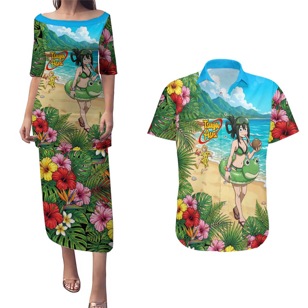 Tsuyu Asui Summer Chill Couples Matching Puletasi and Hawaiian Shirt Tropical Anime Vacation Art