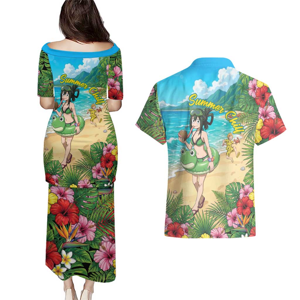 Tsuyu Asui Summer Chill Couples Matching Puletasi and Hawaiian Shirt Tropical Anime Vacation Art