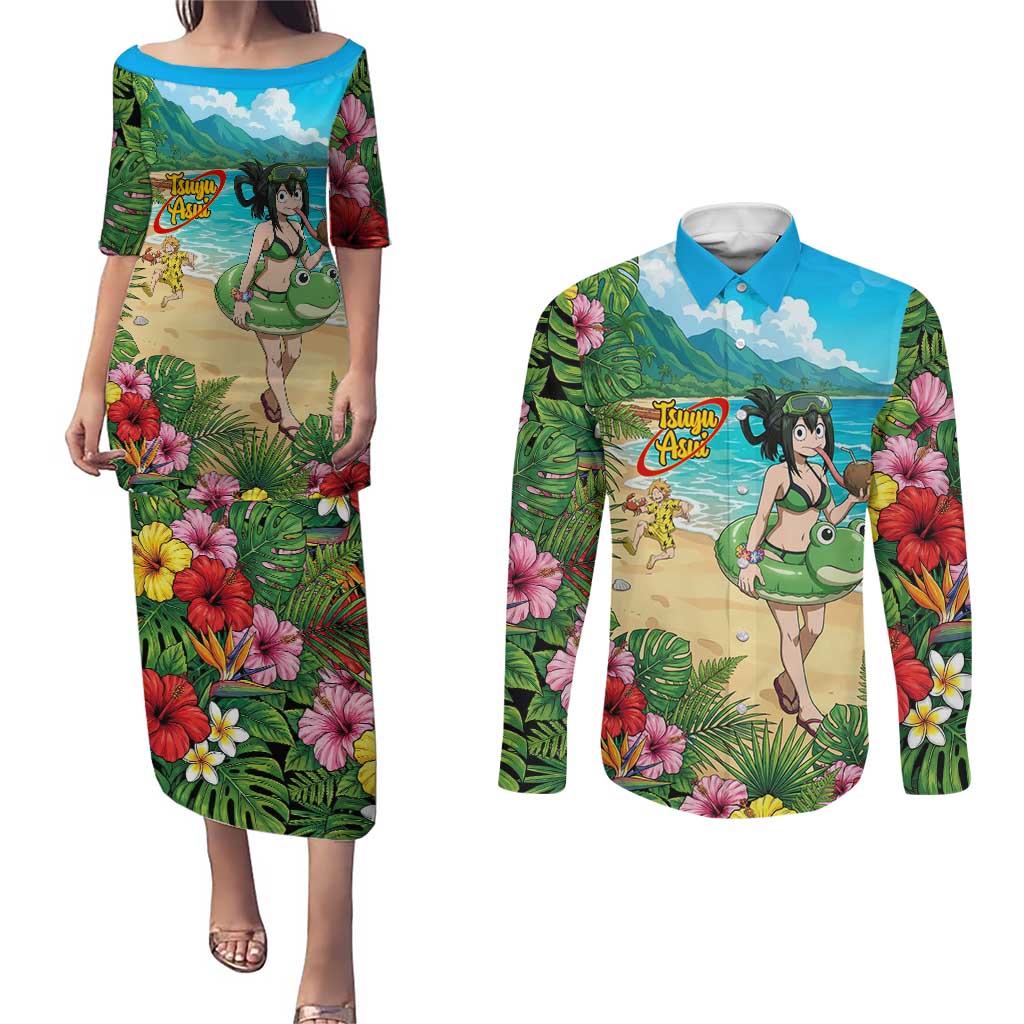 Tsuyu Asui Summer Chill Couples Matching Puletasi and Long Sleeve Button Shirt Tropical Anime Vacation Art