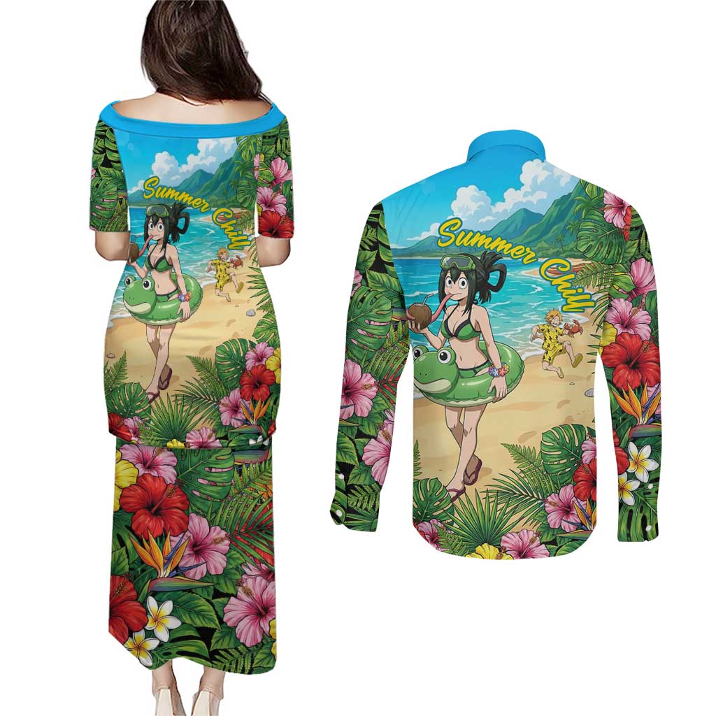 Tsuyu Asui Summer Chill Couples Matching Puletasi and Long Sleeve Button Shirt Tropical Anime Vacation Art