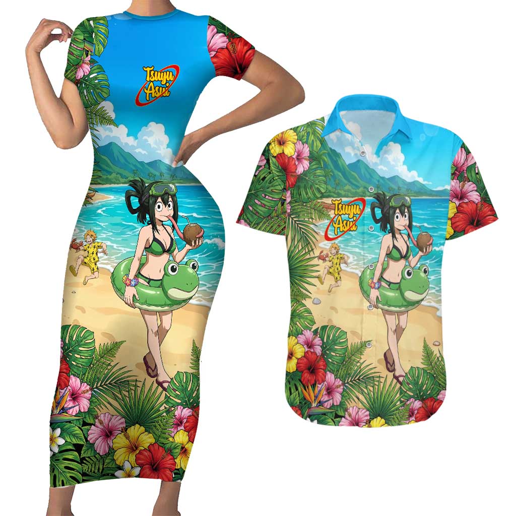 Tsuyu Asui Summer Chill Couples Matching Short Sleeve Bodycon Dress and Hawaiian Shirt Tropical Anime Vacation Art